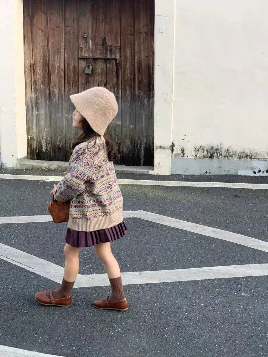 Sweater girl vintage wool cardigan pleated half skirt set baby autumn knitted half skirt 2024 W241025