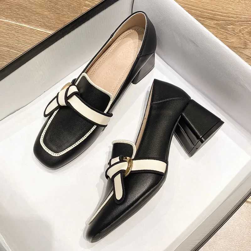 High Quality French womens thick high heels womens slippers autumn trend leather high-heeled wedding shoes zapatos de mujer T241024