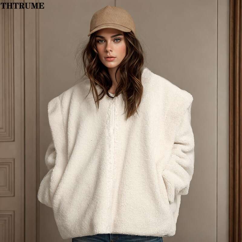 Elegant Fleece Autumn Jackets Fashion Women Solid Long Sleeve V-Neck Zipper Loose Coats Casual Streetwear Wool Thick New Jacket