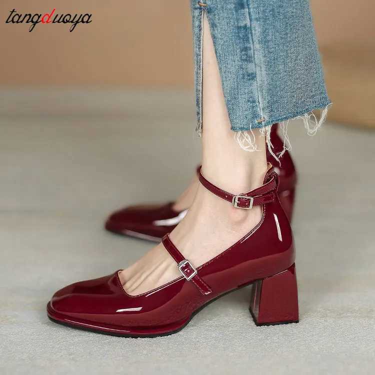 High Quality Womens shoes Mary Jane shoes womens shoes pumps patented leather high heels dresses red wedding shoes spring double buttons T241024