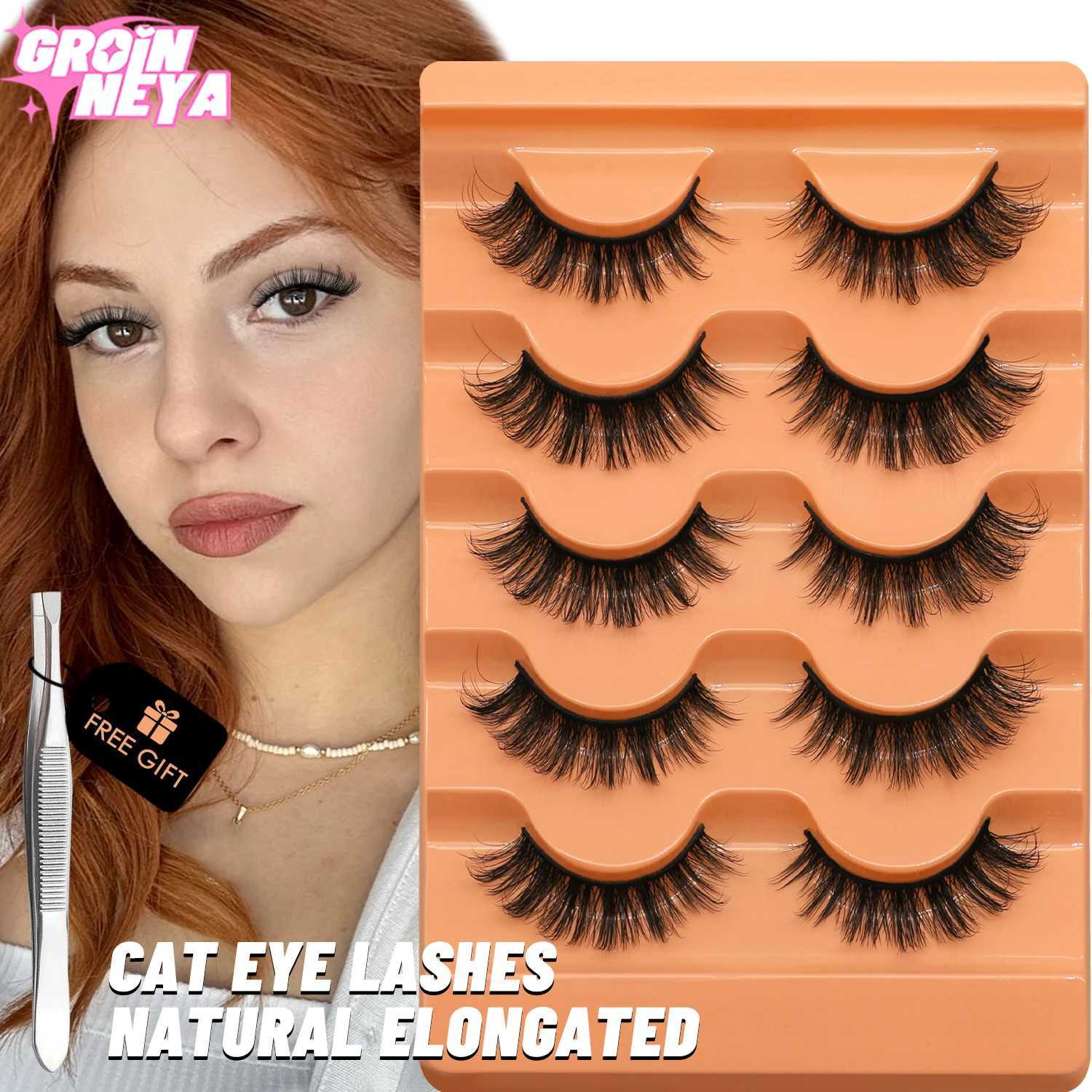 Groinneya cat eyelashes fluffy artificial mink eyelashes 8D rolls Wispy long eyelashes false eyelashes Russian strips 5 pairs packaging makeupW241024