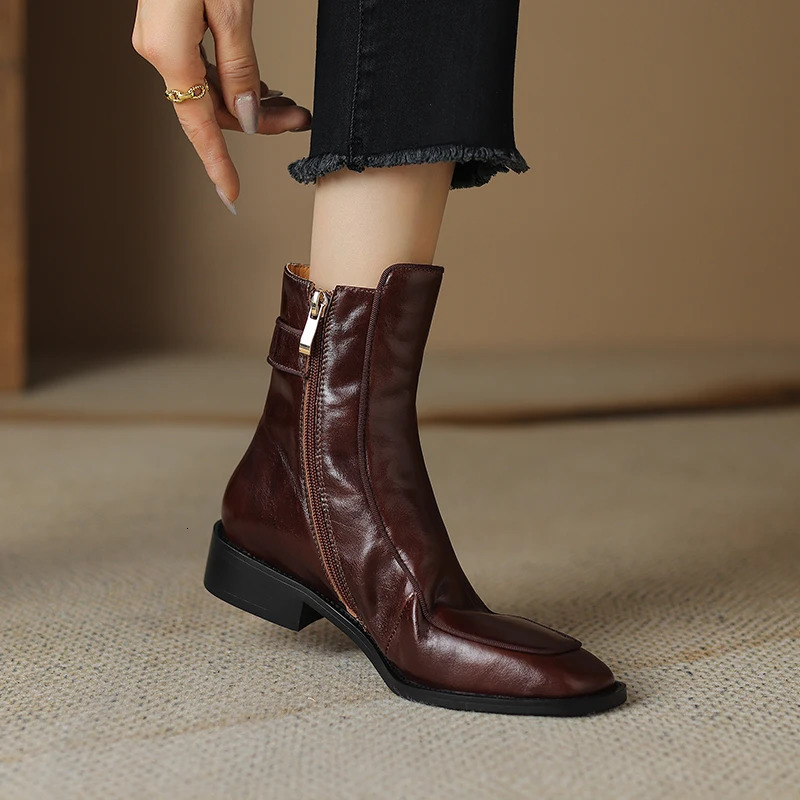 autumn womens boots square toe low heel womens shoes genuine leather retro brown ankle boots block retro leather boots 250225