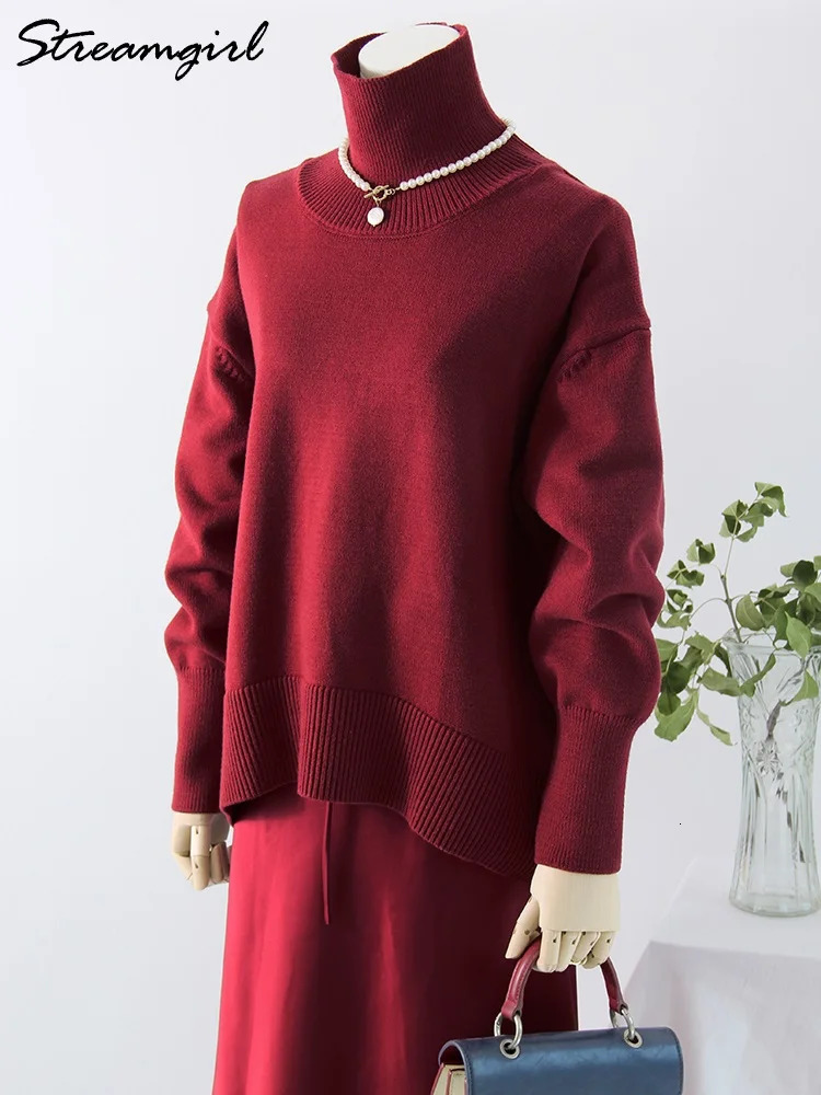 Winter Turtleneck Oversized Sweaters Women Burgundy Knit Top Jumper Female Thick Basic Warm Pullovers Womens Oversize Sweater 241021