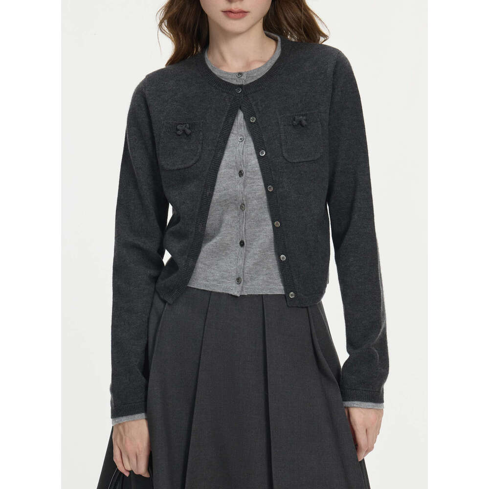 FSLE Women Grey Cardigans College Style Fake Two Piece Design Round Neck Sweaters Contrast Color Female Cardigan 24Fs14181