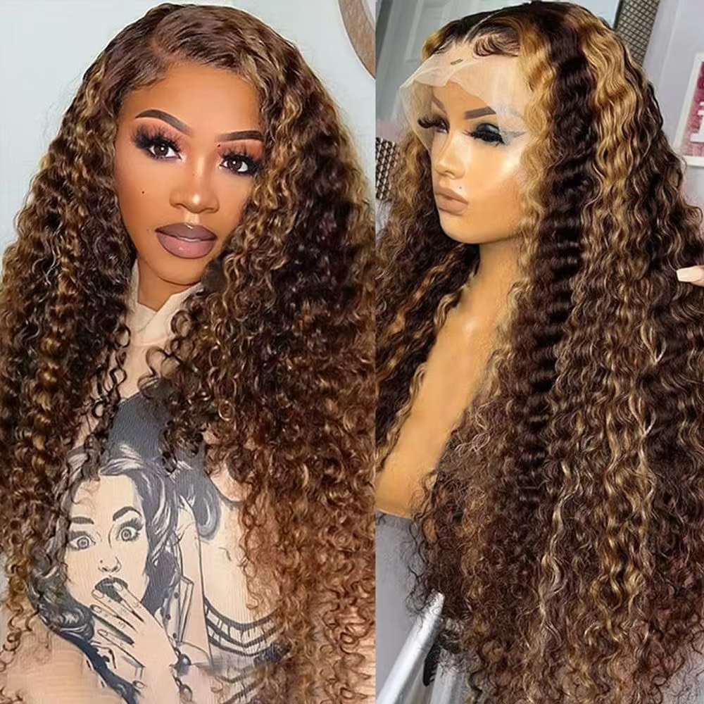 Brazilian Big Curly 13x4 Simualtion Human Hair Ombre Color Deep Curly Lace Front Wig Brown Blonde Deep Wave Lace Frontal Synthetic Wigs Ready to Wear 
