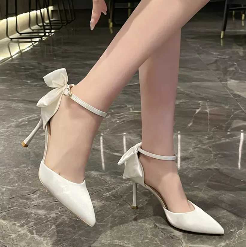High Quality New white high-heeled shoes with bow French temperature point sandals designed with sensory bridal maid shoes T241024