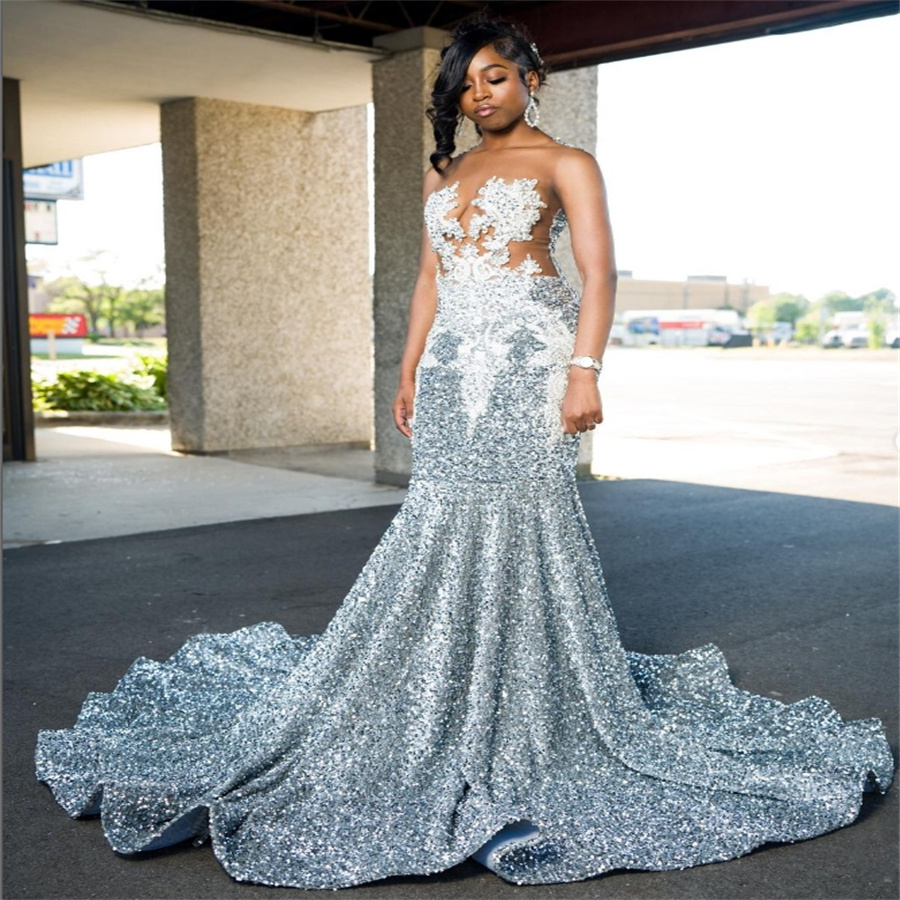 Luxury Silver Sequin Prom Dresses Plus Size Mermaid Black Girls Evening Dress Appliques African Birthday Party Gowns Formal Wear Vestio De Gala Fiftee