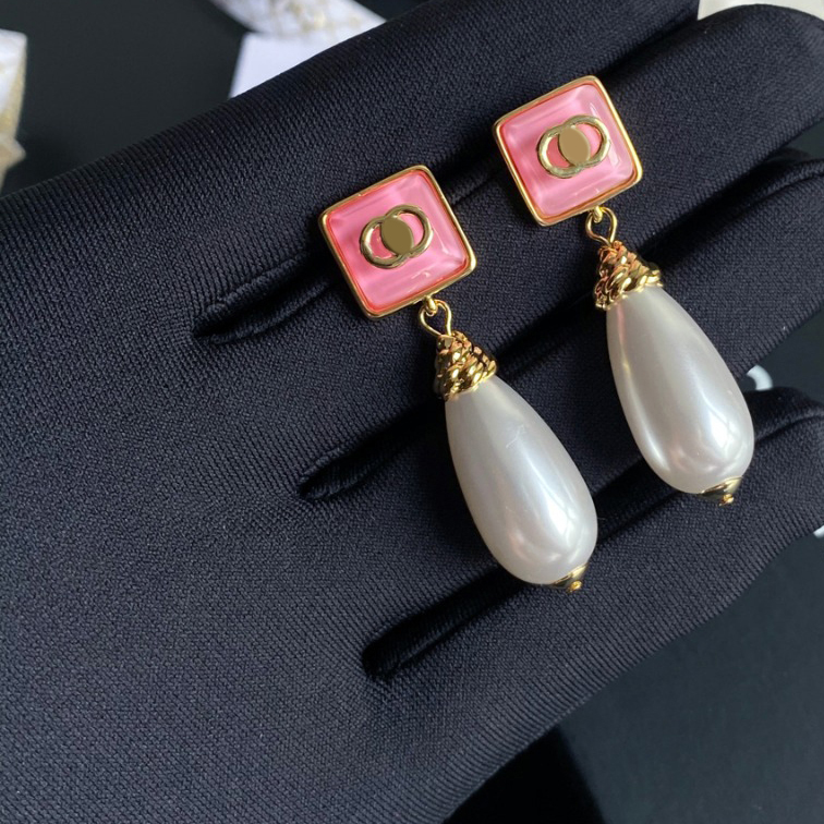 Sweet Crystal Ear Stud Pink Earrings High Quality Real Gold Brass Copper Back Stamp Letter Pearl Earring Fashion Womens Elegance Wedding Party Jewelry Accessories