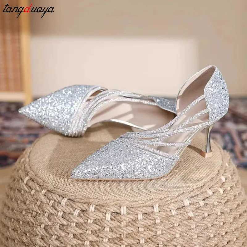 High Quality Sexy Pointed Toe Pumps Womens Luxury Shiny Crystal High Heels Elegant Slim High Heels Sier Wedding Party Shoes Womens Dress Shoes T241024