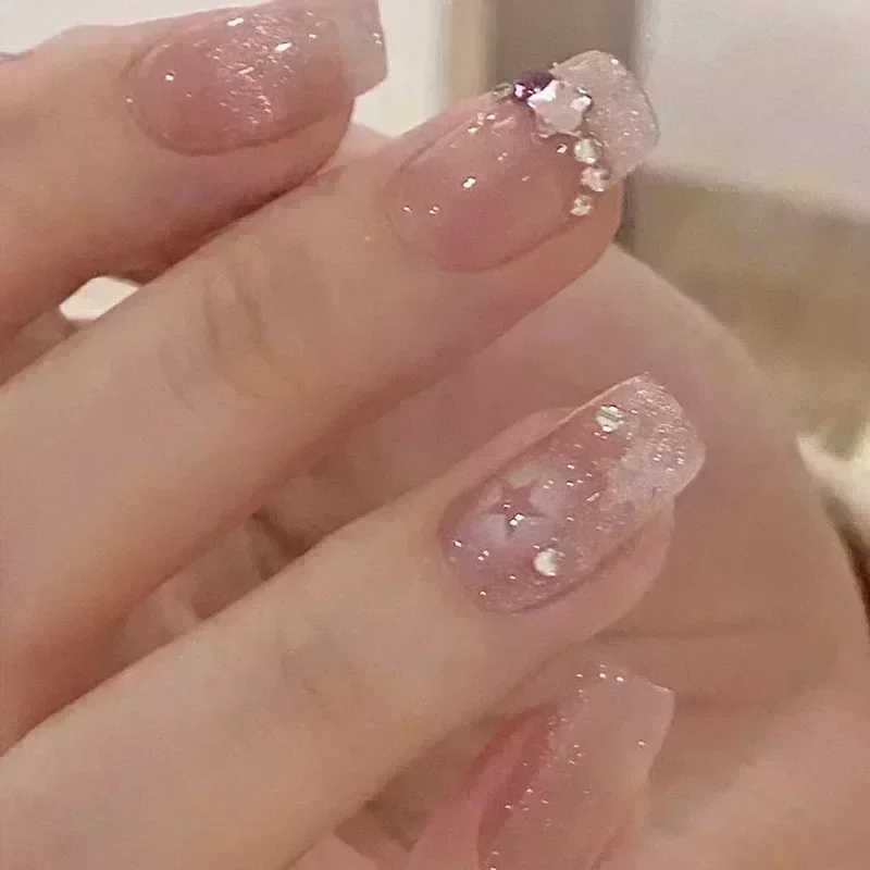 24Pcs Glitter Diamond Press On Nails Blush Pink Cat Eye Fake Nails Sweet Cute Coffin Full Cover Short Square False Nail Tips ArtXJ241025