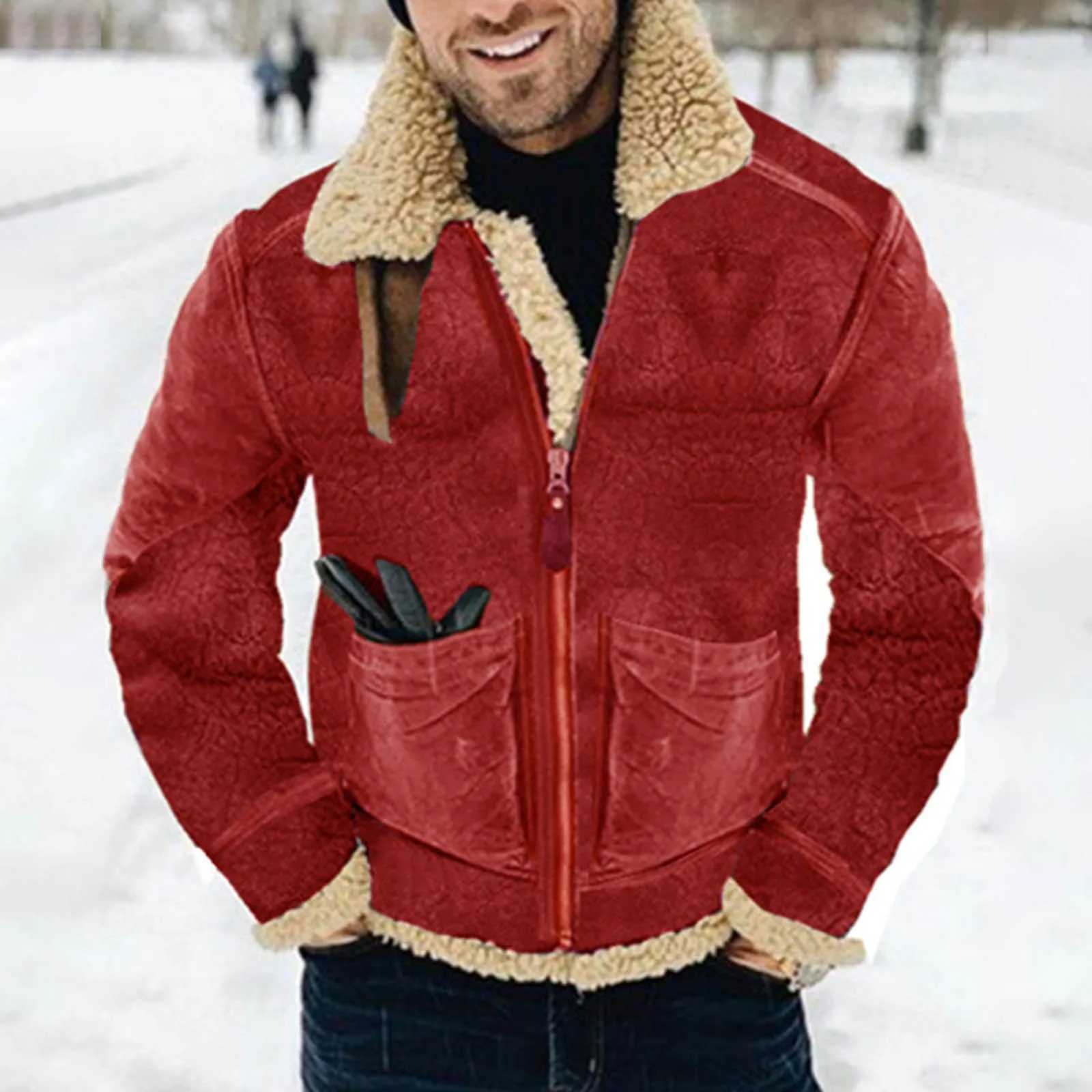 Mens thick suede jacket with warm lambswoo lining synthetic leather denim Gothic jacket bomber jacket winter hot coat new W241024