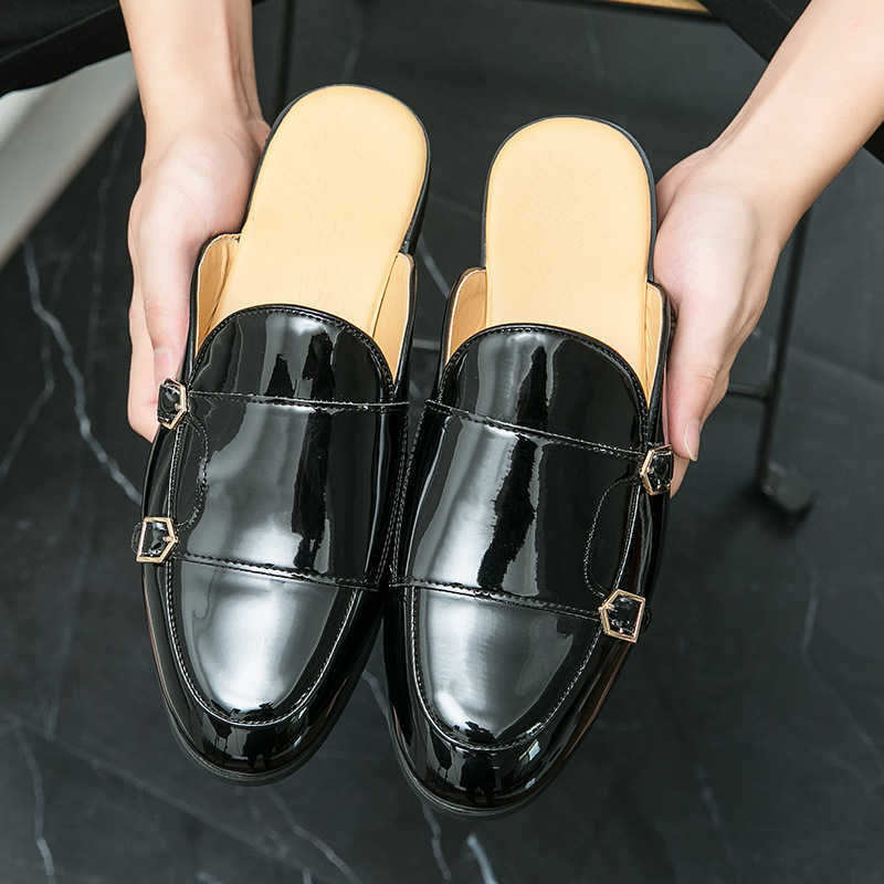 Men Dress Shoes Mens Shiny Small Leather Shoes Summer New Style Casual Shoes Hooded Half Slippers Breathable And Backless Shoes 241009