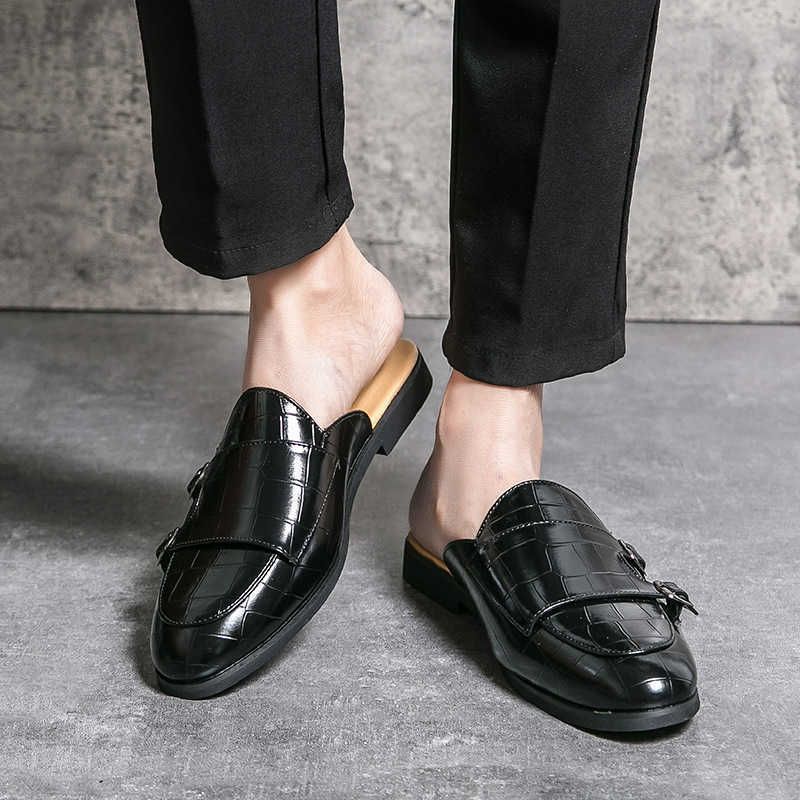 Men Dress Shoes Summer Mens Casual Shoes Half Dragged Korean Edition Buckle Leather Shoes Half Dragged Small Shoes 241009