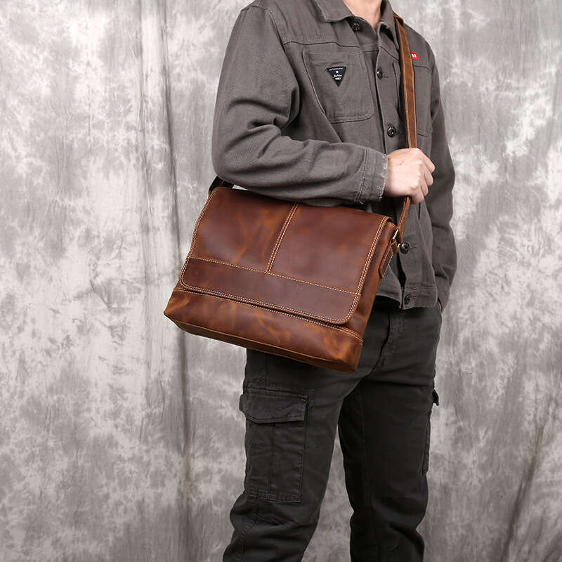 New Shoulder Retro Top Layer Cowhide A4 File Men's Brown Handmade Crazy Horse Leather Messenger Bag