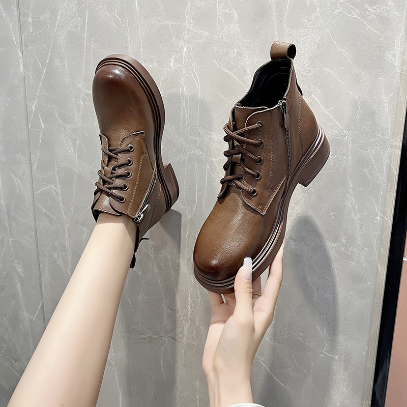 Designer shoes England head layer cowhide Martin boots women lace-up small short boots