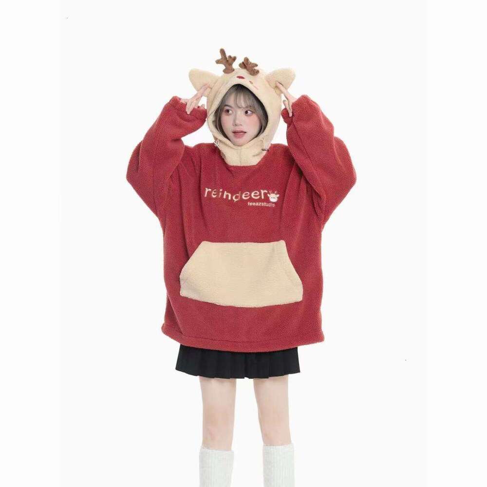 2023 Christmas New Cute Elk Hooded Sweatshirt Autumn Winter American Contrasting Loose Lambswool Hoodie Winter Clothes Women