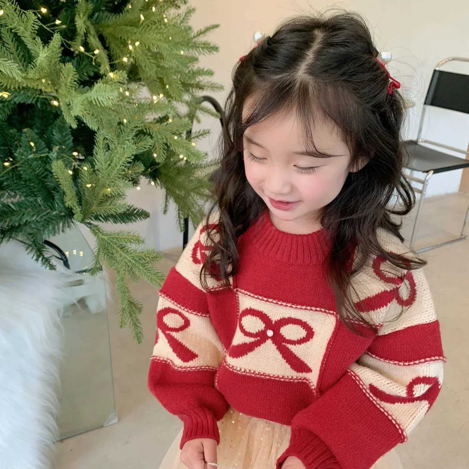 Girls Red Sweater Thickened 2024 Autumn/Winter New Childrens Knitted Childrens Christmas Thread Clothing W241025