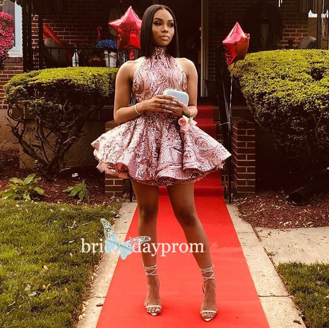 Sexy Rose Pink Tail Dresses Illusion Sequined Halter Sequins Lace Short Mini Backless Homecoming Party Dress Prom Gowns For Women 6660312
