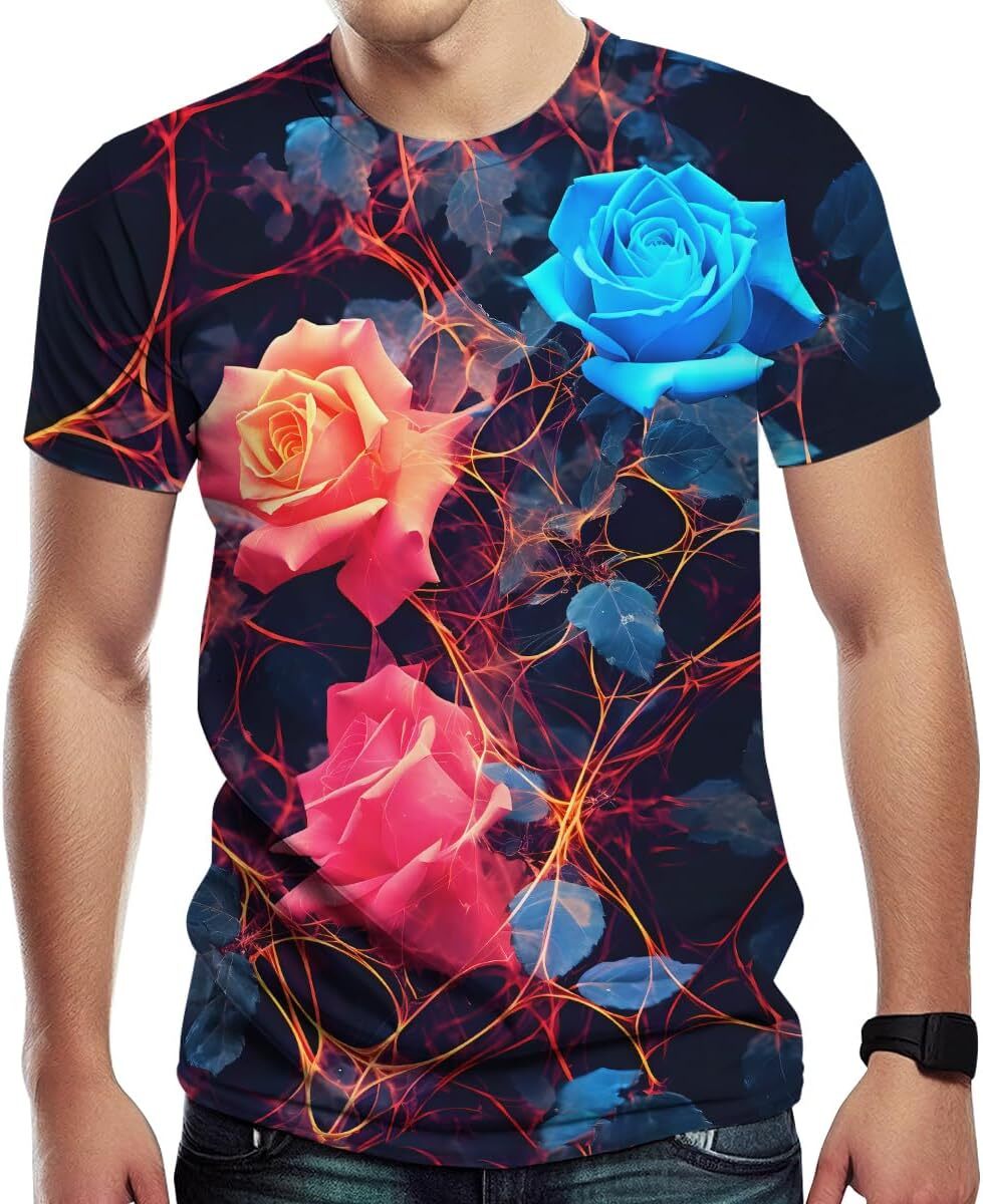 Mens T shirt Men's Creative Rose Print T-Shirt Fashion Tee Shirts Short Sleeve tee Casual tops summer clothes Hip hop trend
