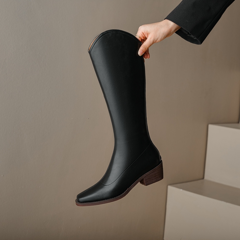 Kaky's New Square Head Mid Heel Genuine Leather Cowhide Women's High Sleeve Long Western Boots