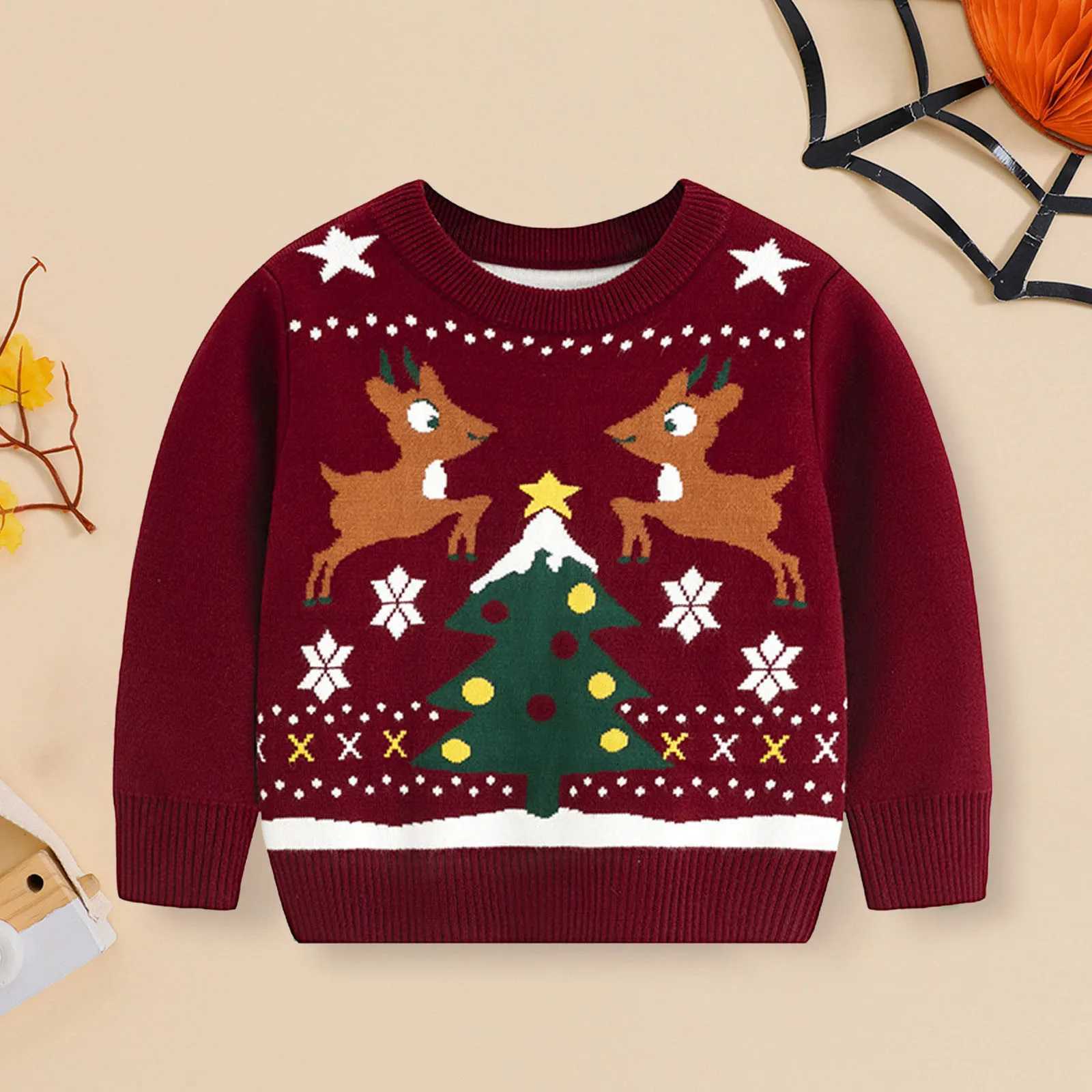 2024 Winter Christmas Sweater Childrens Cartoon Printed Knitted Pullover Autumn and Winter New Boys and Girls Cotton Warm Knitted 2-6 Years W241025