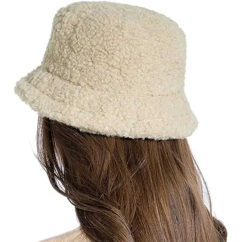 Lamb Faux Fur Bucket Hat Winter Warm Velvet Hats for Women Lady Thicken Bob Panama Outdoor Street Fisherman Hats Caps GirlsX241025