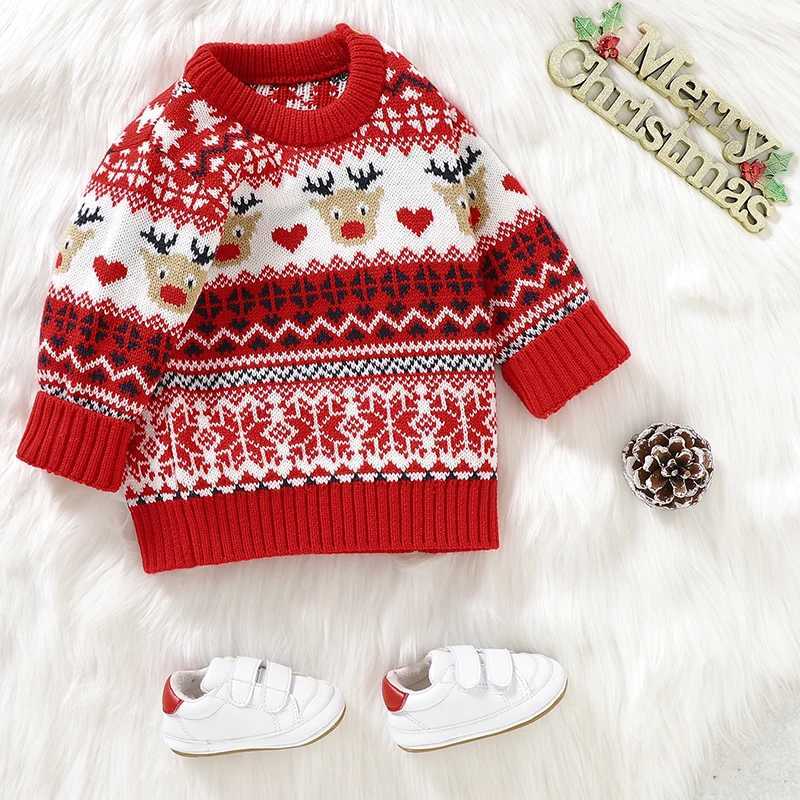 New Baby Christmas Sweater Deer Snow Print Cartoon Baby Christmas New Year Childrens Clothing Autumn Winter Childrens Knitted Clothing W241025
