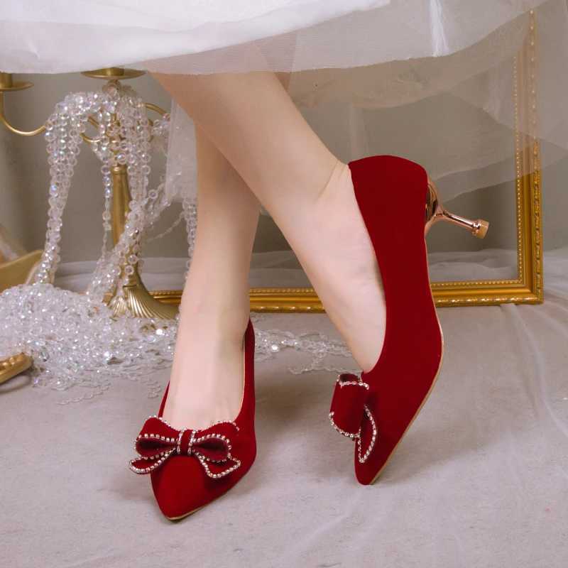 High Quality Spring/Summer New Rhine Bow Red Bridal High Heels Womens Pointed Slide Pump Large Wedding Shoes T241024