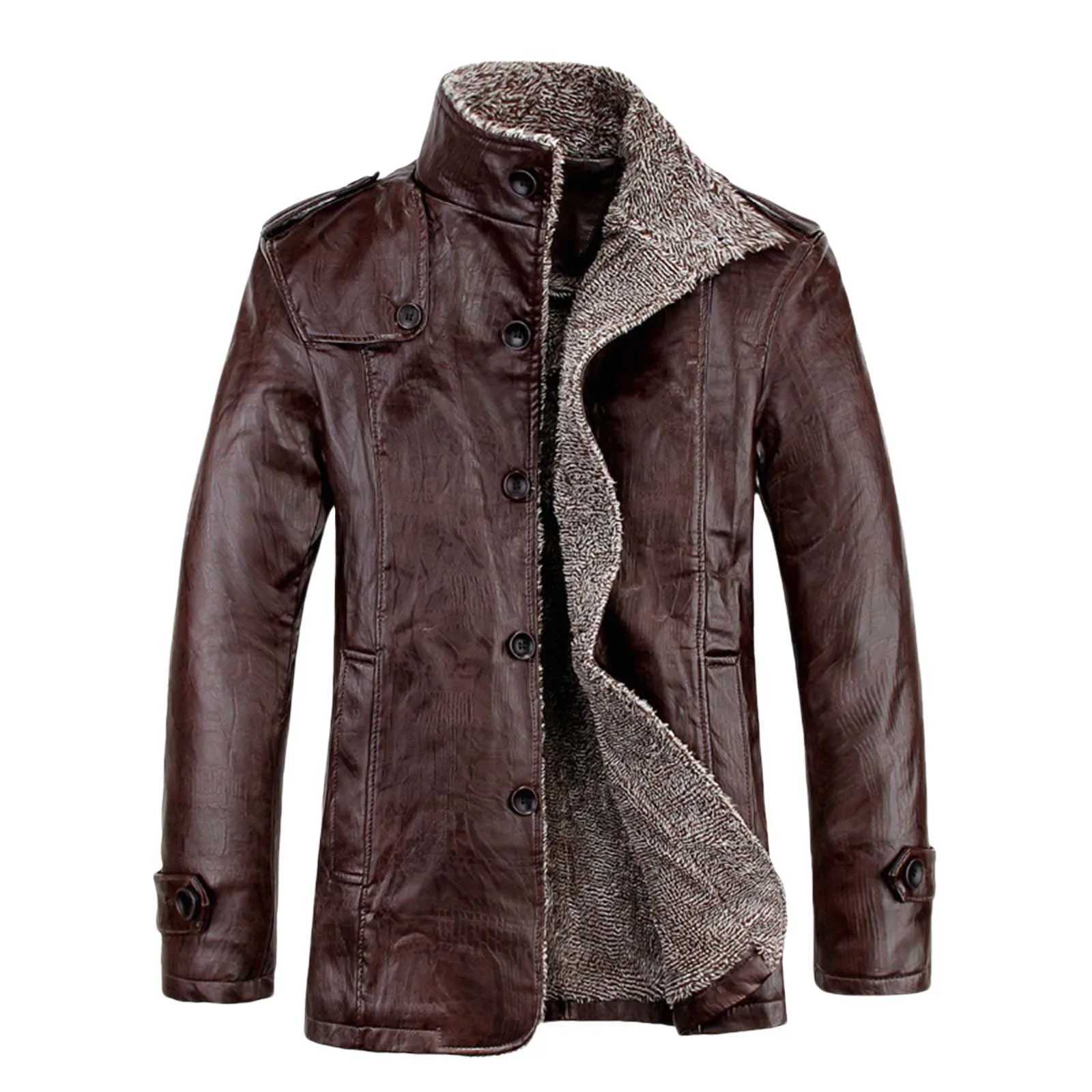 Mens thick plush lined leather jacket waterproof retro Parka jacket single chest oversized Lambswool lined jacket winter W241024