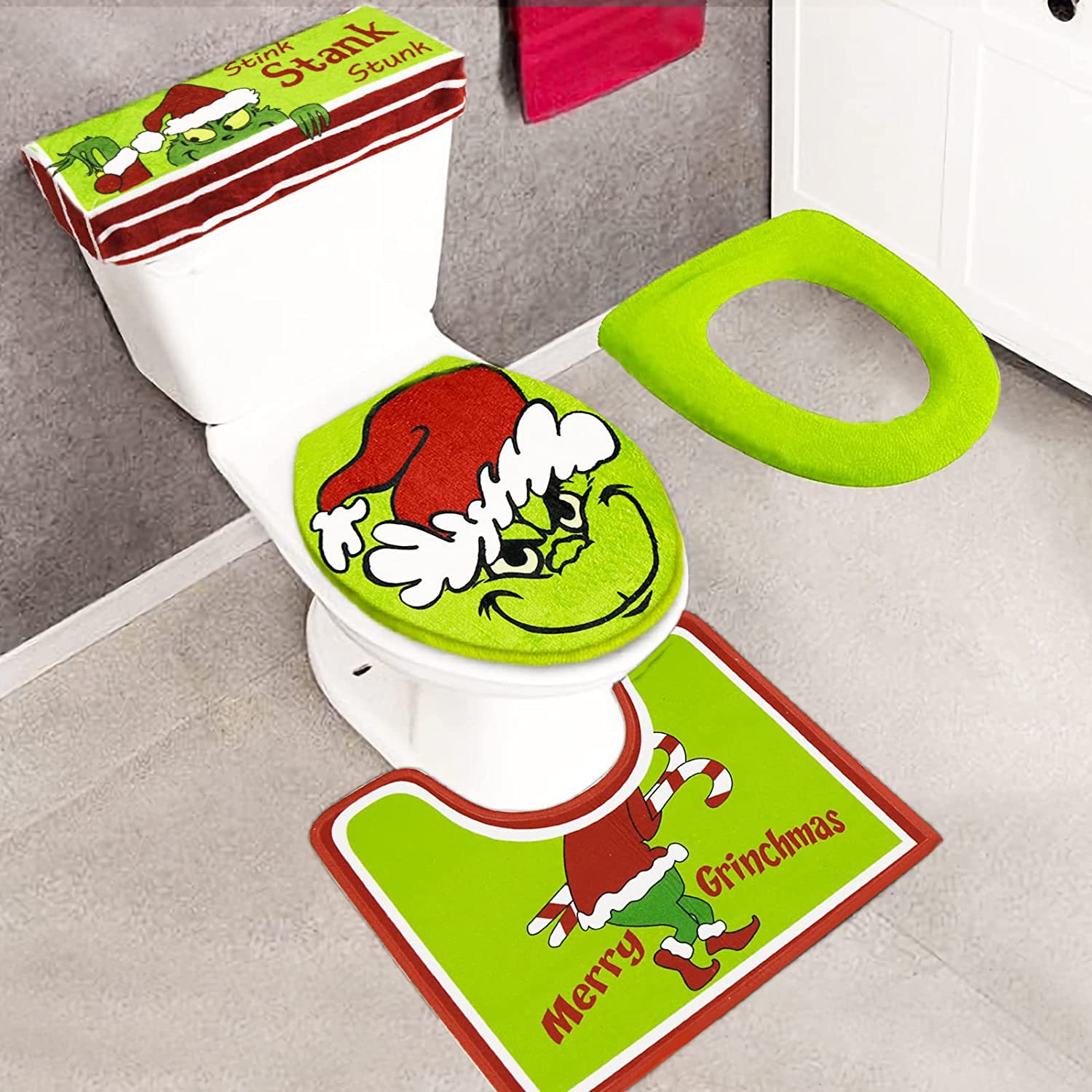 Christmas Decorations Xmas Bathroom Sets Grinch Green Monster Toilet Seat Cover and Rug for Indoor Home Bathroom Sets of 4 pcs (Red - Green) FY1045