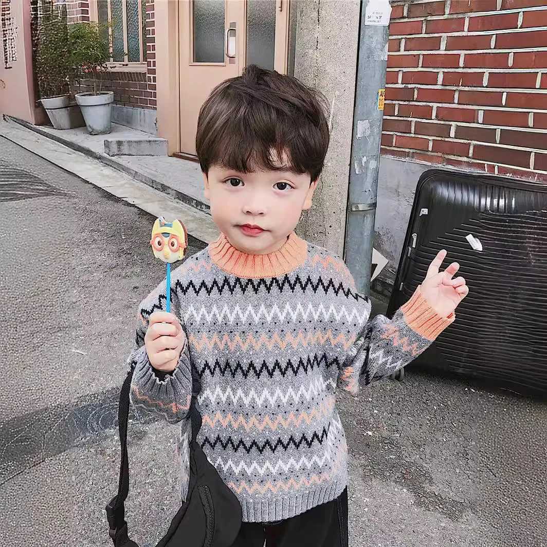 Autumn and Winter Baby Boy Sweater Cotton Wave Stripe Long Sleeve Baby Boy Pulling Rope Round Neck Velvet Preschool Boy Knitted W241025