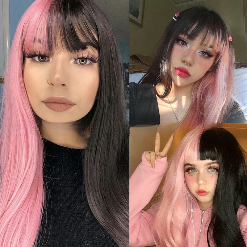 Cosplay fashion wig female black and pink double color head bangs long straight hair chemical fiber headpiece