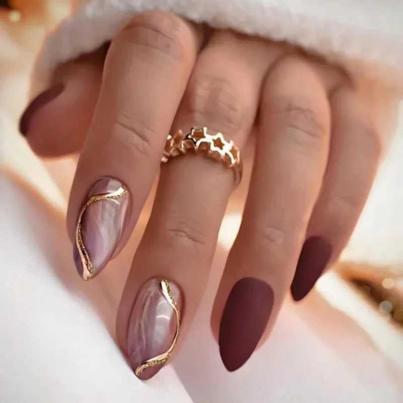 24Pcs Long French False Nails with Almond Head Design White Lines Fake Nail Wearable Oval Press on Nails Full Cover Nail TipsXJ241025