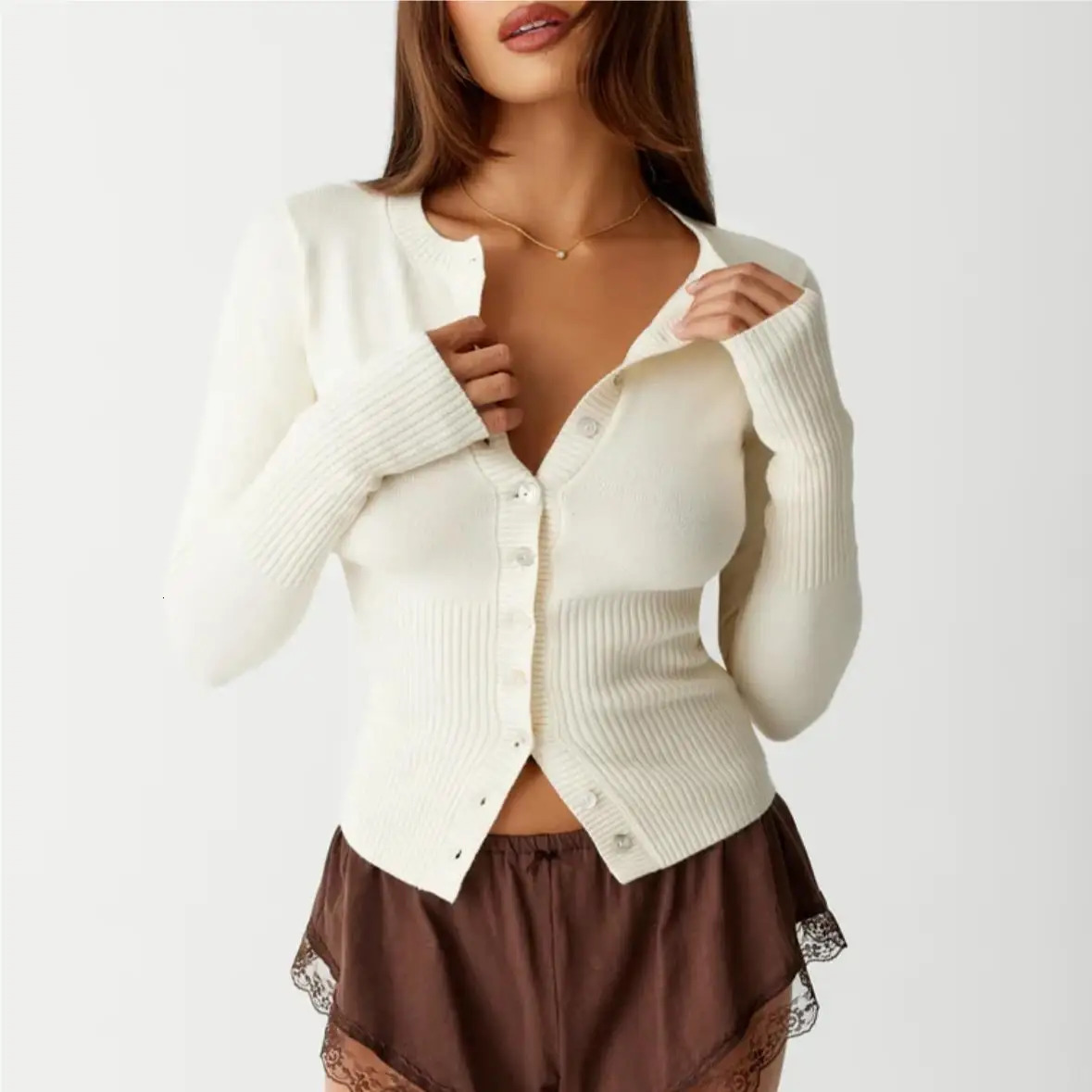 Sexy cardigan women Fall korean fashion vintage clothes cropped sweaters women long sleeve top knitted button up cardigan brown 241024