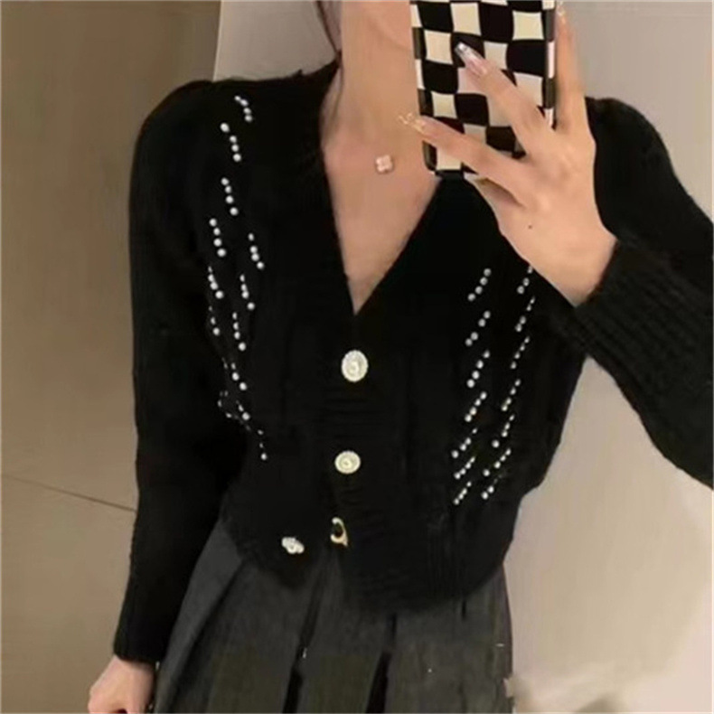 Autumn New Korean Style Fashionable Sweet Pearl Button V Neck Sweater Jacket Slim Fit Short Length Long Sleeved Knitted Cardigan For Women F1025#38