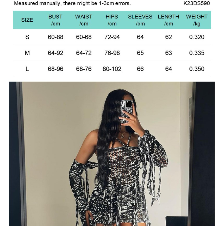Basic & Casual Dresses Women New Knitted Contrast Color Tassel Mini Dress Fall Sexy Strapless Halter Backless Party Club Outfits Long Sleeve Cape Suit