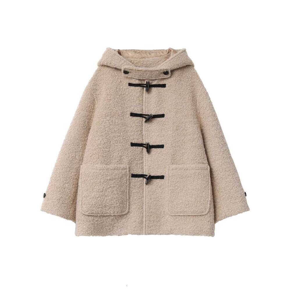 CHIC VEN Women's Woolen Loose Solid New Korean Black Coat Cow Horn Buckle Female Hooded Jacket Outerwear Autumn Winter 2024