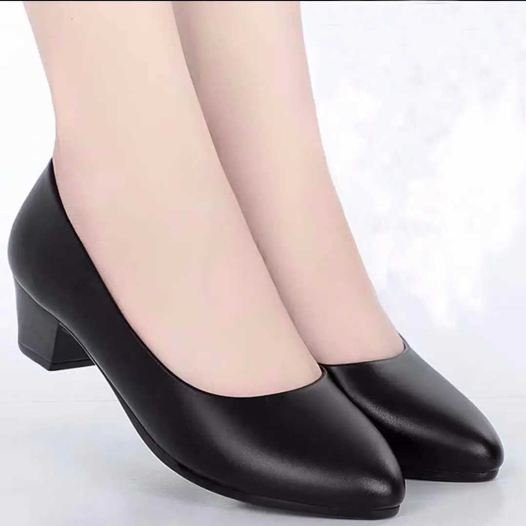 High Quality Thick heel work shoes black mid heel dress leather shoes flight attendant professional freight agent T241024