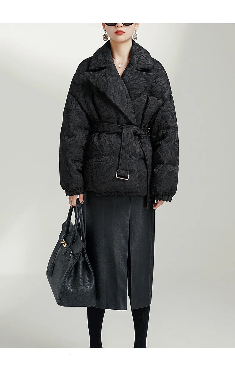 High end down jacket with dark color pattern and waist white high-quality down jacket 241024