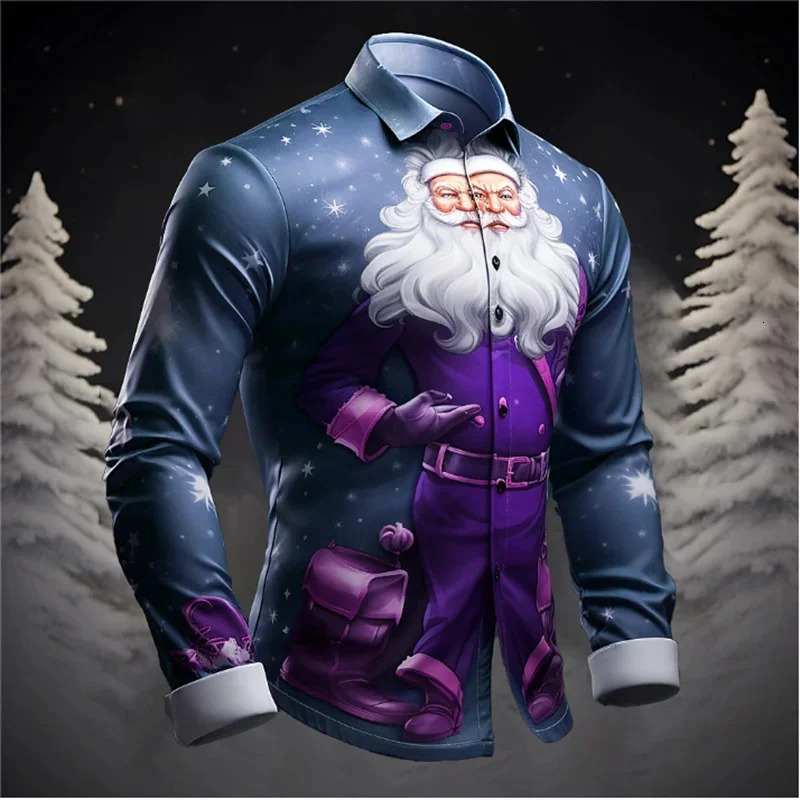 Santa Claus Christmas Tree Casual Mens Shirt Autumn and Winter Long Sleeve XS6XL Fourway Stretch Fabric 241025