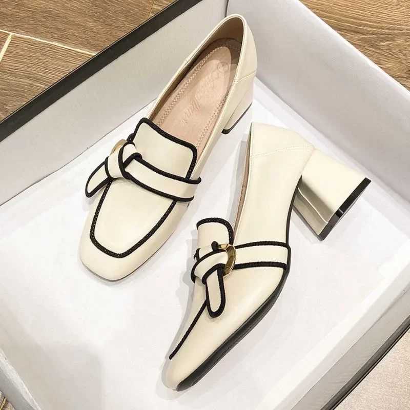 High Quality French womens thick high heels womens slippers autumn trend leather high-heeled wedding shoes zapatos de mujer T241024