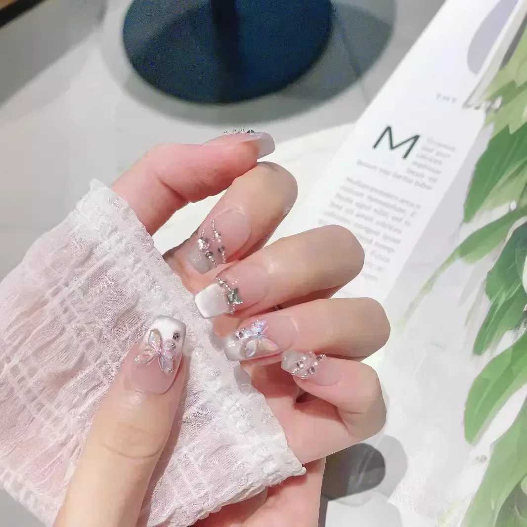 10Pcs French Ballerina Handmade Press on Nails Pink Cat Eye Fake Nails Wearable Stick-on Nails Full Cover False Nail Uas XJ241025