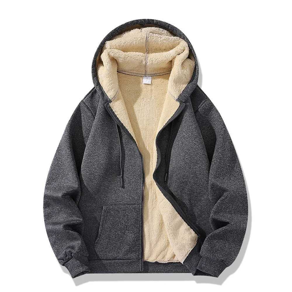 Winter warm zipper hooded sweatshirt Lambswool solid color sports casual jacket outerwear mens loose hot sweater W241024