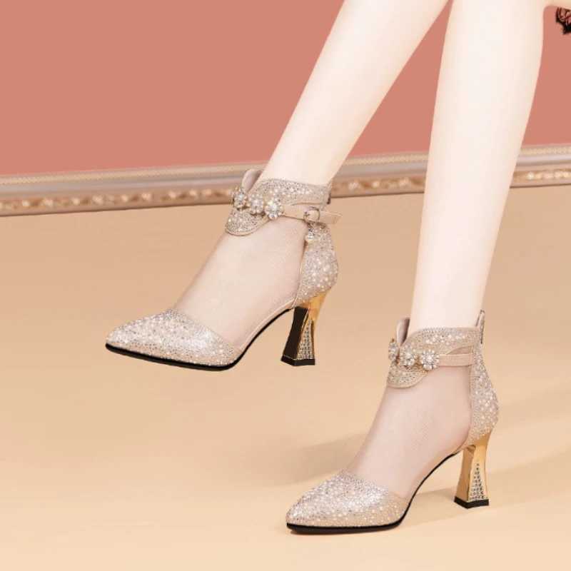 High Quality Summer New Fi Pointed Mesh Breathable Rhine River High Heel Buckle Comfortable Cool Boots Single Shoes for Women T241024