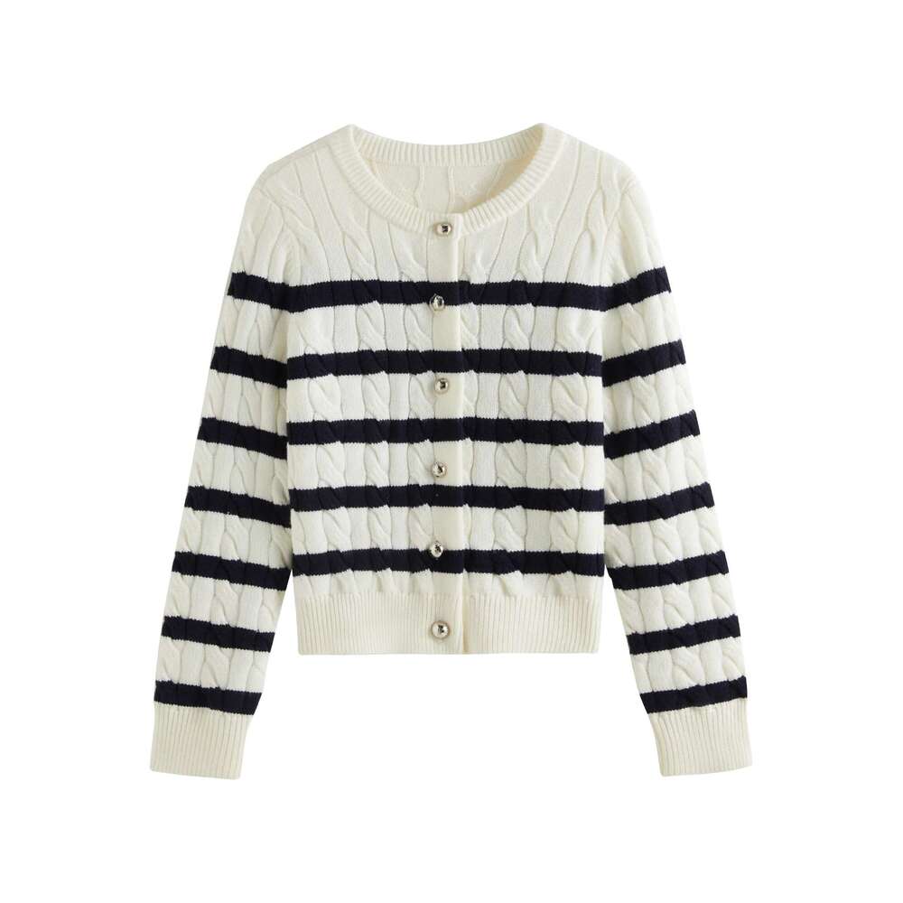 FSLE 13.3% Sheep Wool Black White Striped Twisted Knit Red Cardigan For Women 2024 Autumn Winter Warm Chic Sweater 24Fs14030