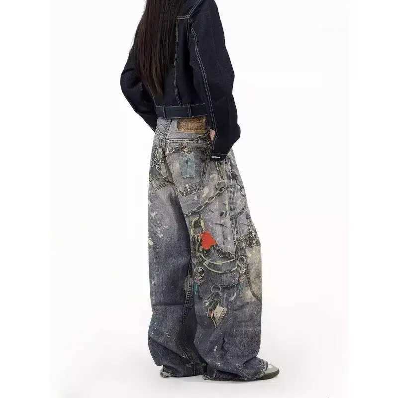 Men's Jeans Y2K Mens Retro Street Printing Digital Crop Printing Jeans Mens Loose Straight Personalized Fashion Mop Wide Legs Trousers Q241024