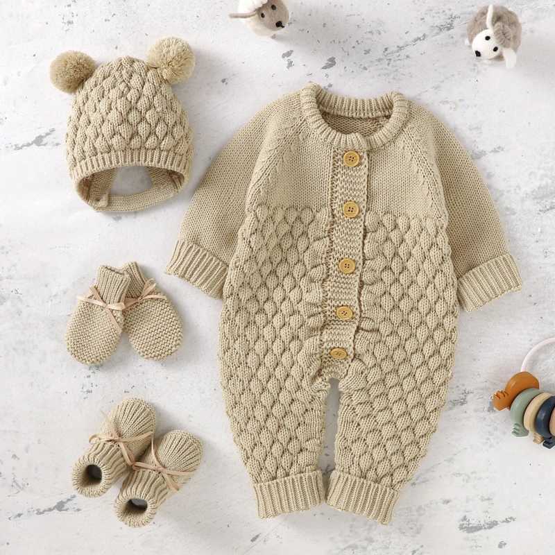 Newborn Baby Romper Shoes Gloves Set Knit Girl Boy Jumpsuit Boot Mitten Solid Toddler Infant Long Sleeve Clothing 4PC Fall 0-18MXJ241025