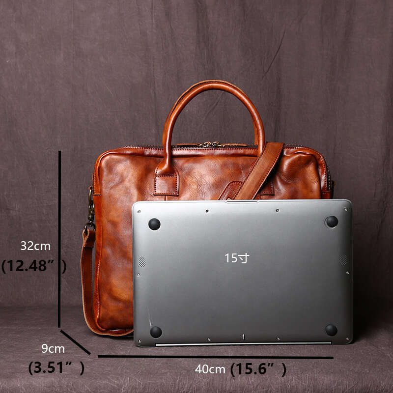 Retro Handmade Men's Handbag Top Layer Cowhide Horizontal Computer Bag Vegetable Tanned Leather Zipper Briefcase NZPJ