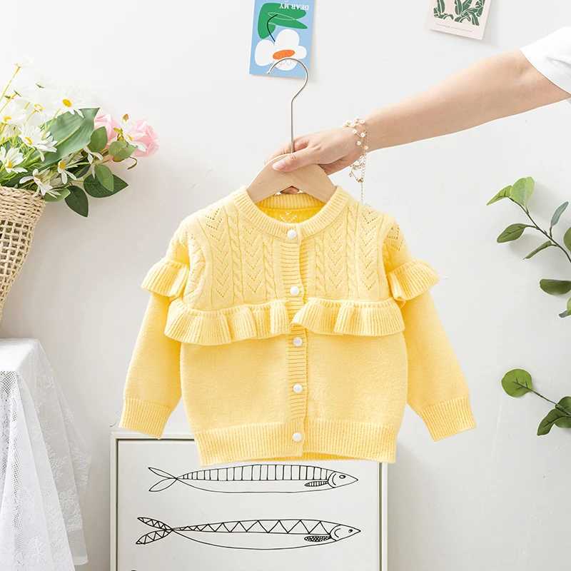 Pudcoco childrens autumn knitted cardigan wool sweater solid color pleated long sleeved crew collar button down sweater 1-5T W241025