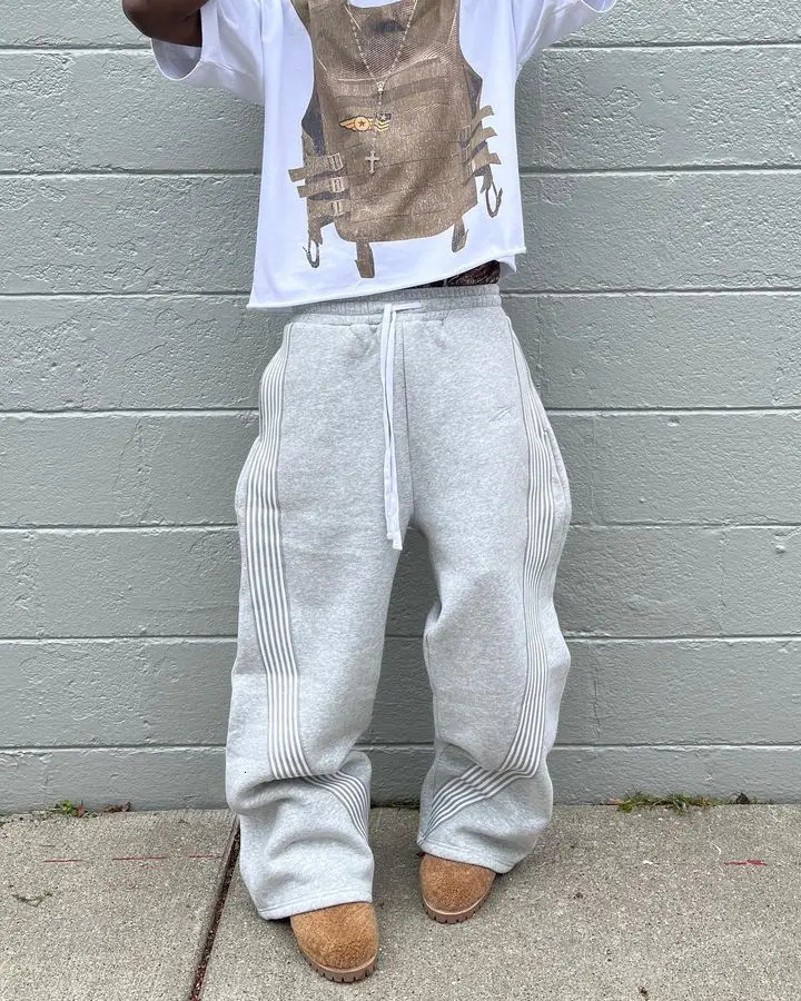 American Sweatpants Y2K Pants Mens Womens Harajuku Hip Hop Striped Letters Embroidery Retro Baggy Drawstring Trousers 241025